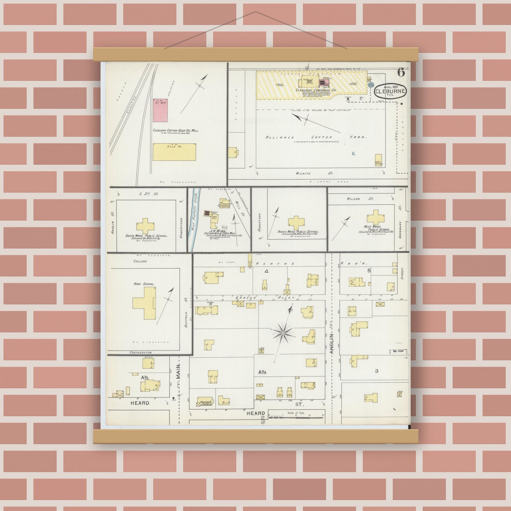 Old map wall art mockup — magnetic wood frame on brick wall — Sanborn Fire Insurance Map from Cleburne, Johnson County, Texas (1893), Sheet #0006