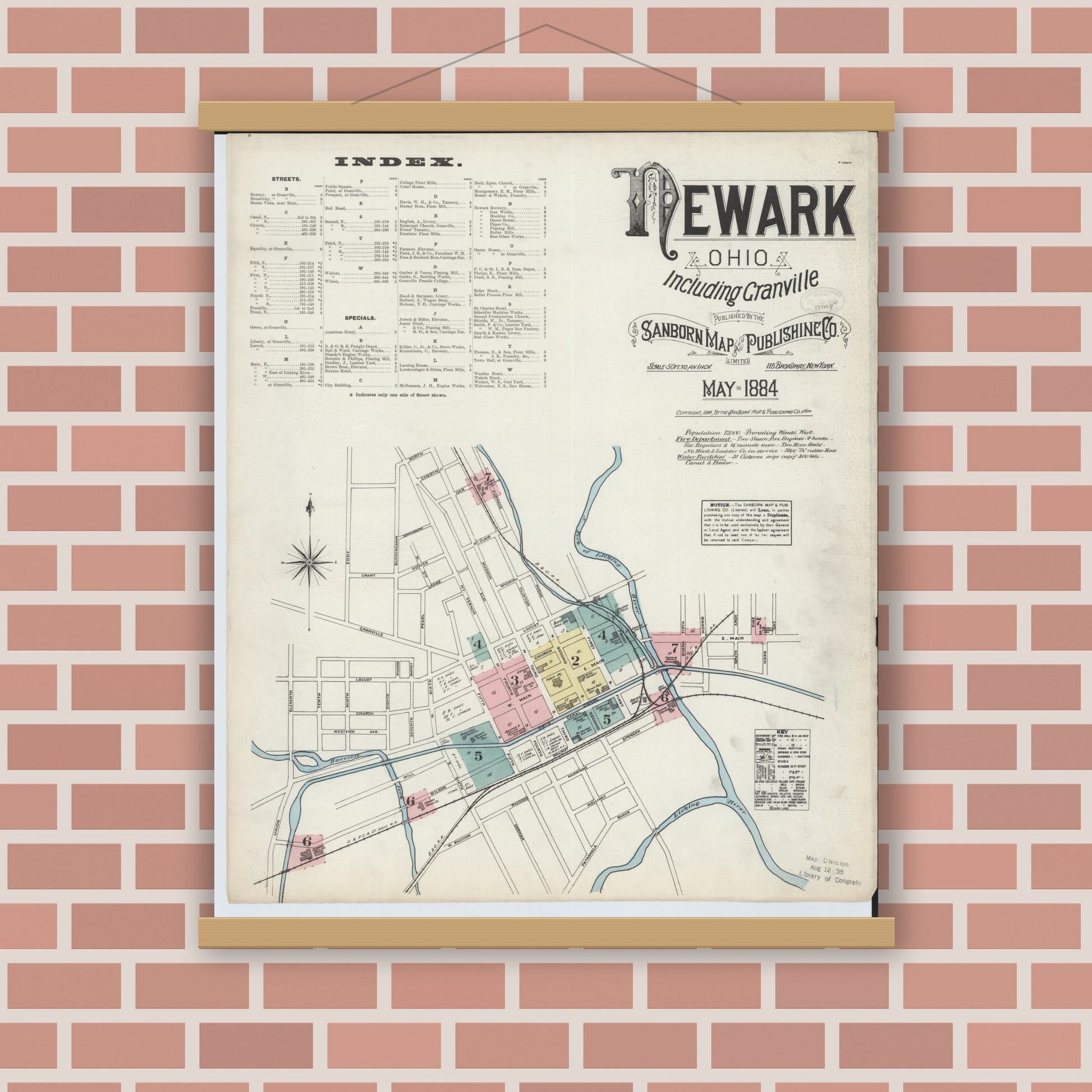 Old map wall art mockup — magnetic wood frame on brick wall — Sanborn Fire Insurance Map from Newark, Licking County, Ohio (1884) - Complete Map Set