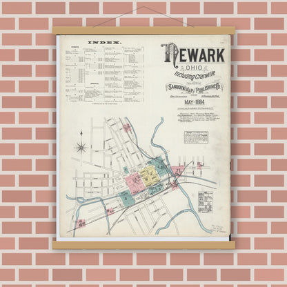 Old map wall art mockup — magnetic wood frame on brick wall — Sanborn Fire Insurance Map from Newark, Licking County, Ohio (1884) - Complete Map Set
