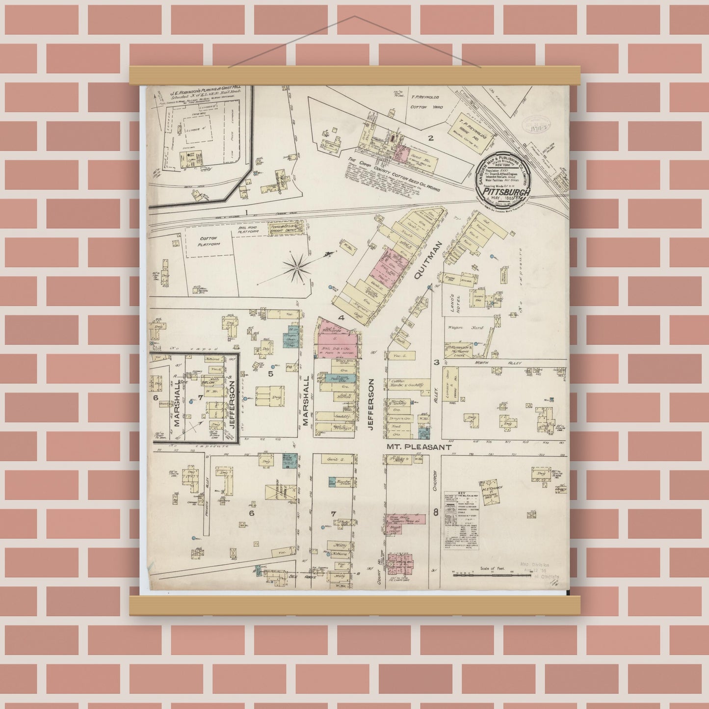 Old map wall art mockup — magnetic wood frame on brick wall — Sanborn Fire Insurance Map from Pittsburg, Camp County, Texas (1885), Sheet #0001