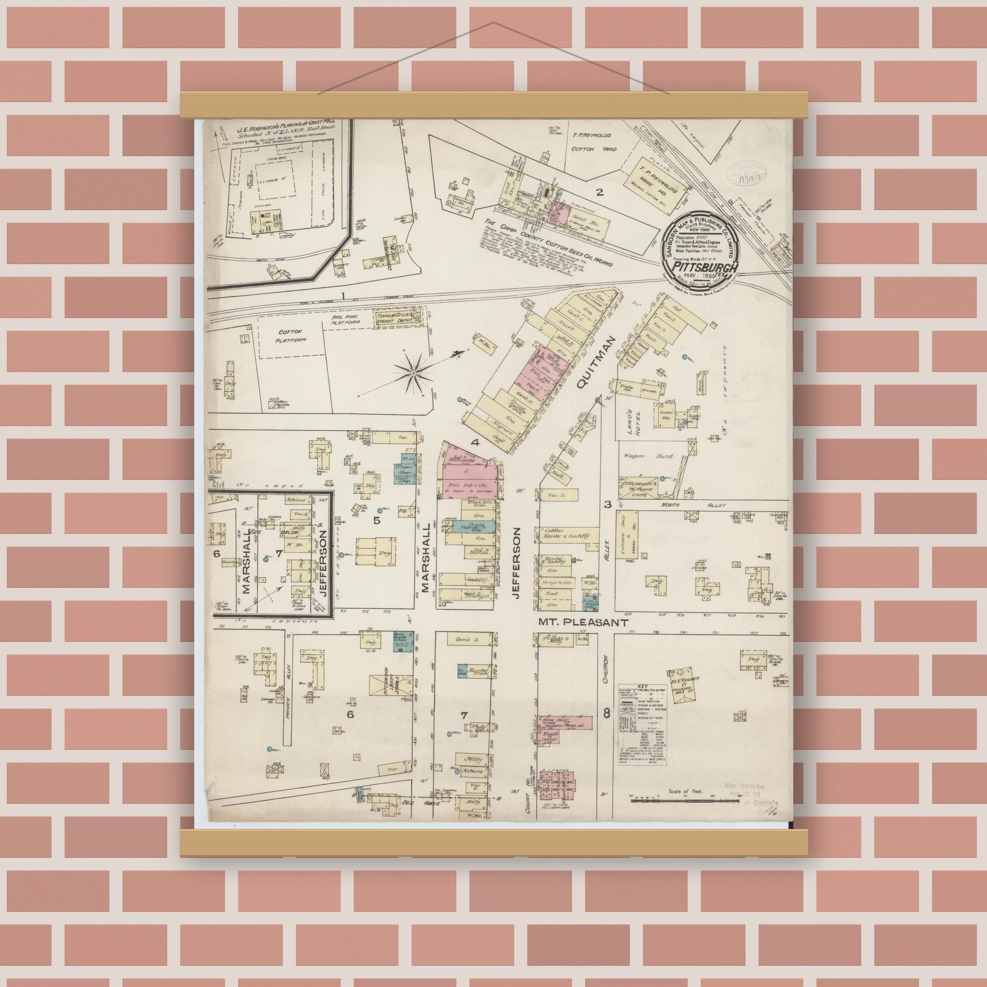 Old map wall art mockup — magnetic wood frame on brick wall — Sanborn Fire Insurance Map from Pittsburg, Camp County, Texas (1885), Sheet #0001