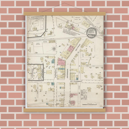 Old map wall art mockup — magnetic wood frame on brick wall — Sanborn Fire Insurance Map from Pittsburg, Camp County, Texas (1885), Sheet #0001