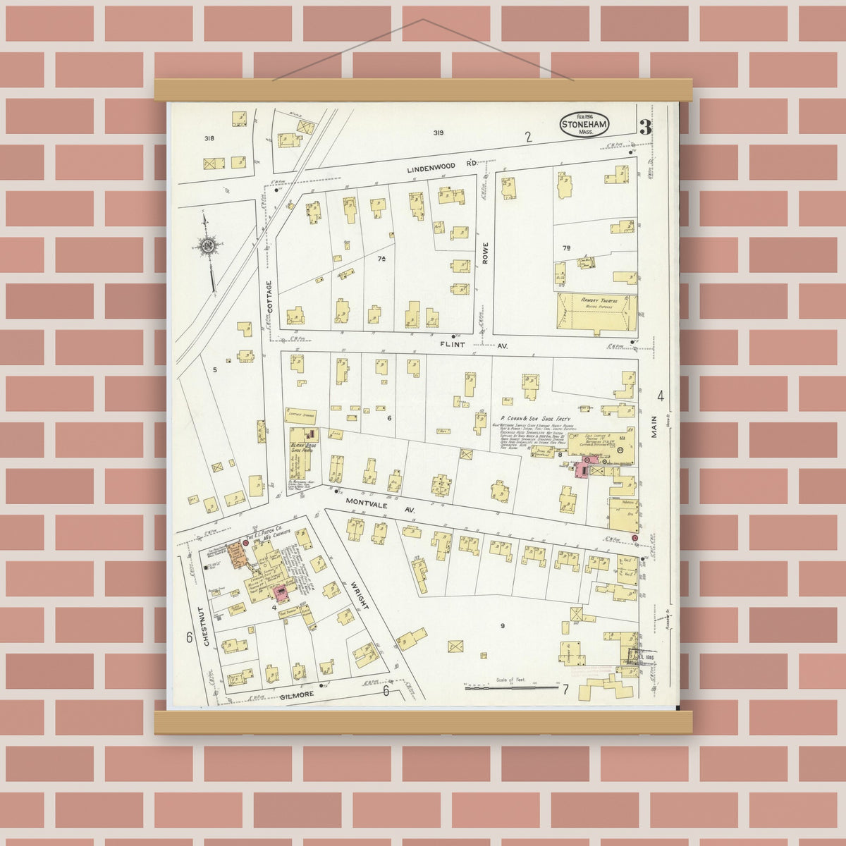 Old map wall art mockup — magnetic wood frame on brick wall — Sanborn Fire Insurance Map from Stoneham, Middlesex County, Massachusetts (1916), Sheet #0003