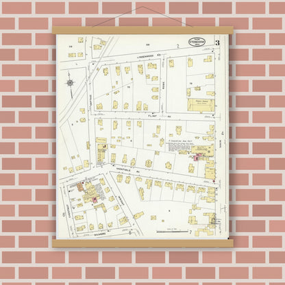 Old map wall art mockup — magnetic wood frame on brick wall — Sanborn Fire Insurance Map from Stoneham, Middlesex County, Massachusetts (1916), Sheet #0003