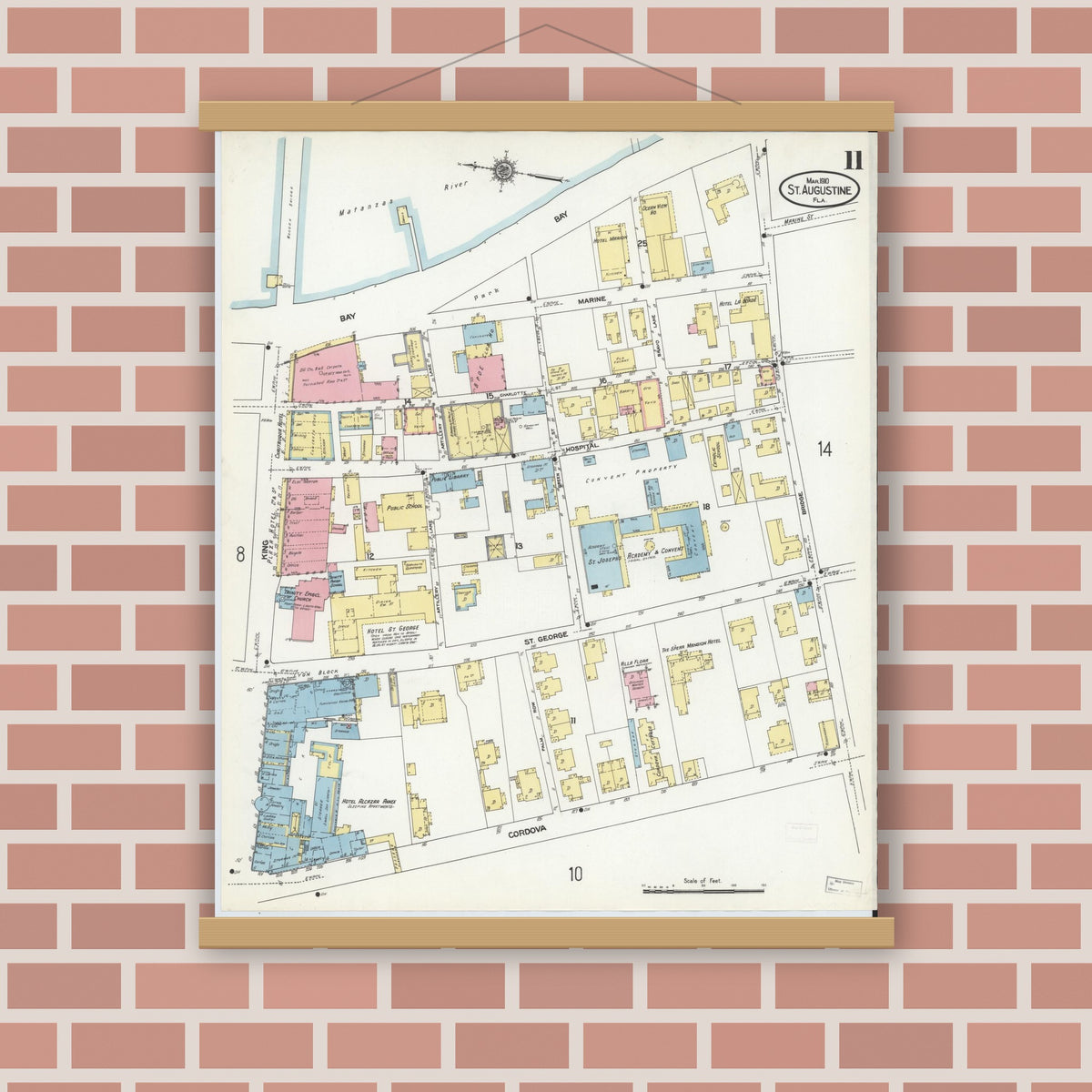 Old map wall art mockup — magnetic wood frame on brick wall — Sanborn Fire Insurance Map from Saint Augustine, Saint John's County, Florida (1910), Sheet #0011