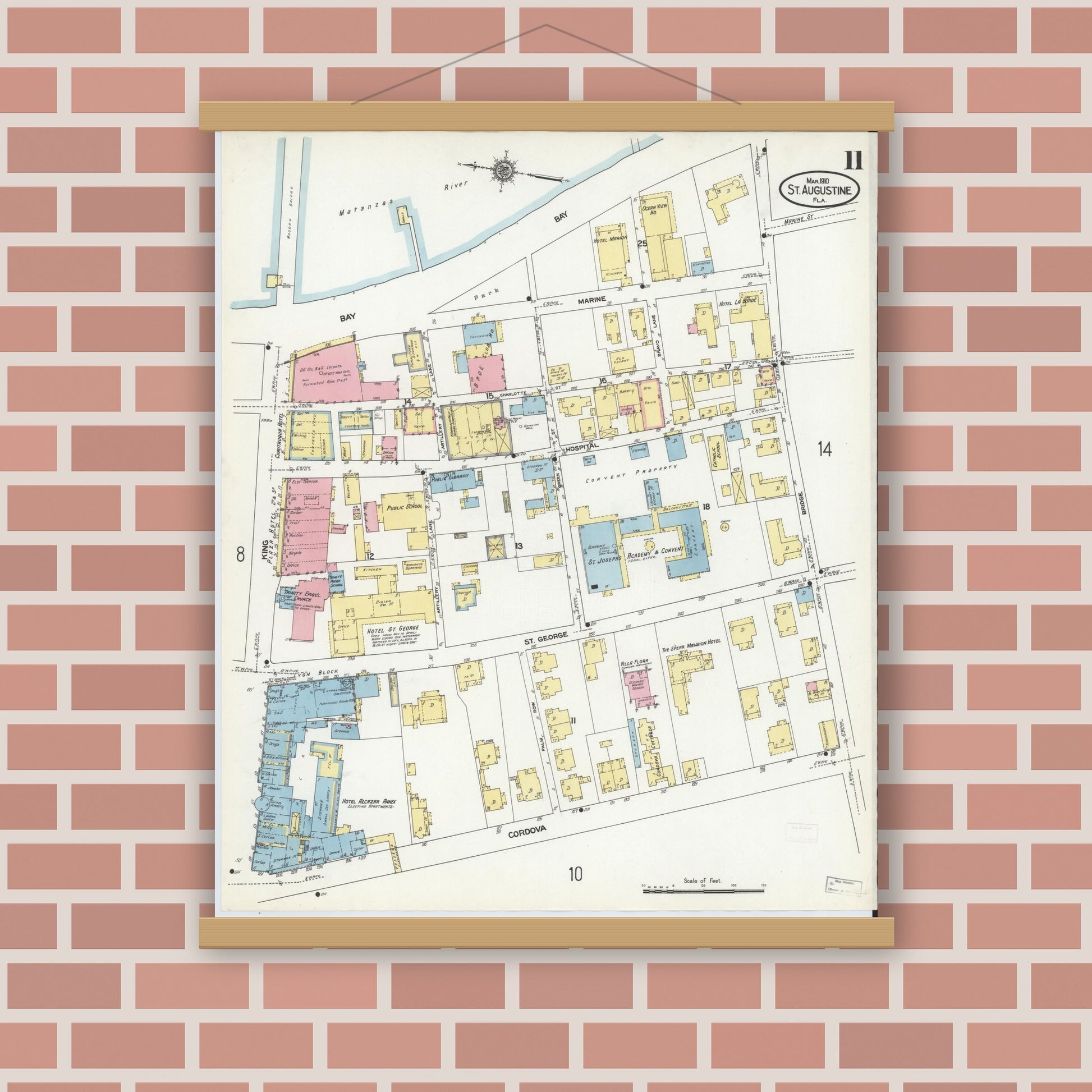 Old map wall art mockup — magnetic wood frame on brick wall — Sanborn Fire Insurance Map from Saint Augustine, Saint John's County, Florida (1910), Sheet #0011