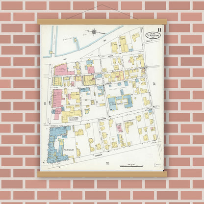 Old map wall art mockup — magnetic wood frame on brick wall — Sanborn Fire Insurance Map from Saint Augustine, Saint John's County, Florida (1910), Sheet #0011