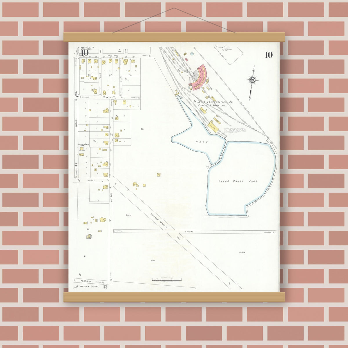Old map wall art mockup — magnetic wood frame on brick wall — Sanborn Fire Insurance Map from Commerce, Hunt County, Texas (1933), Sheet #0010