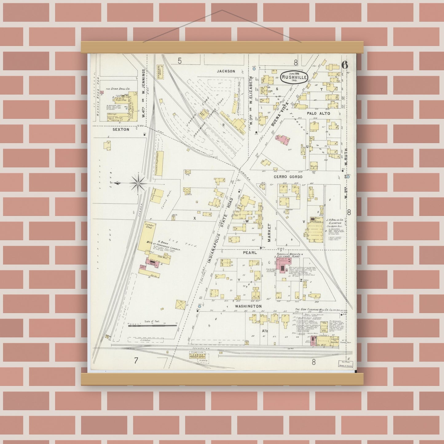 Old map wall art mockup — magnetic wood frame on brick wall — Sanborn Fire Insurance Map from Rushville, Rush County, Indiana (1896), Sheet #0006