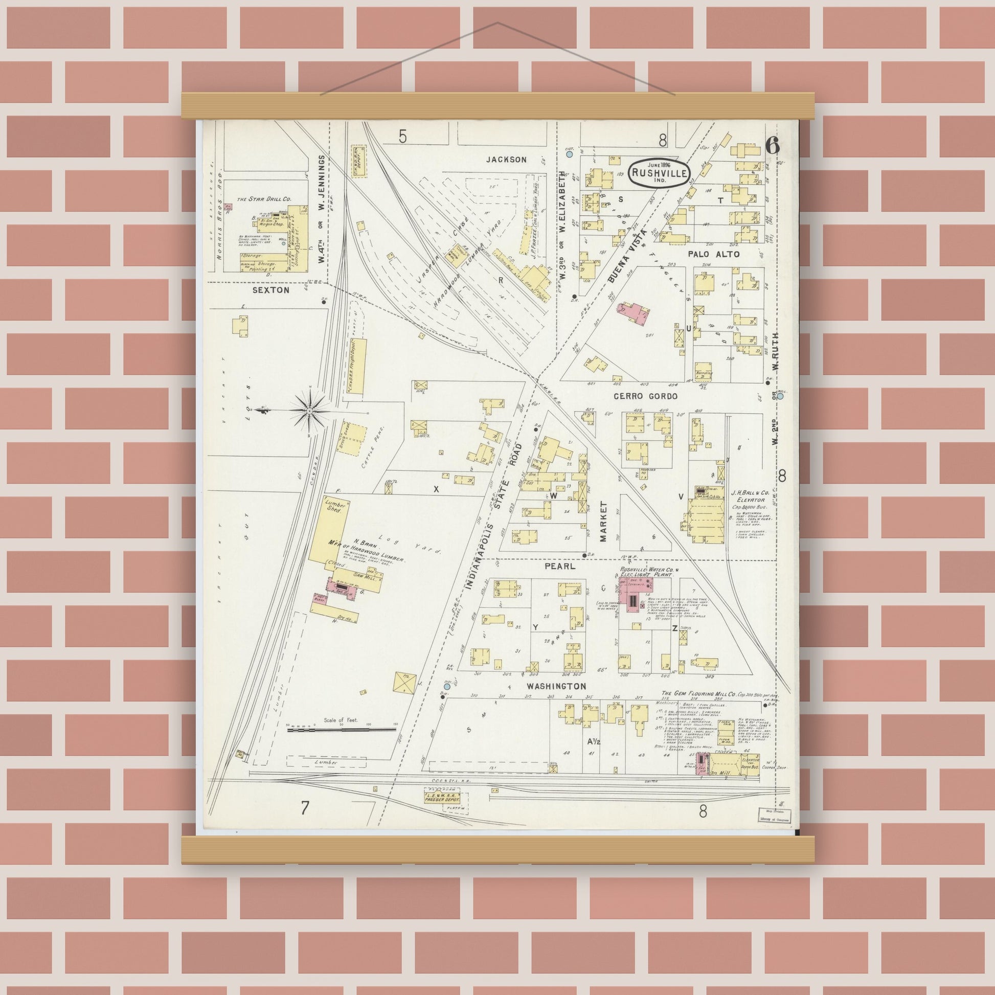 Old map wall art mockup — magnetic wood frame on brick wall — Sanborn Fire Insurance Map from Rushville, Rush County, Indiana (1896), Sheet #0006