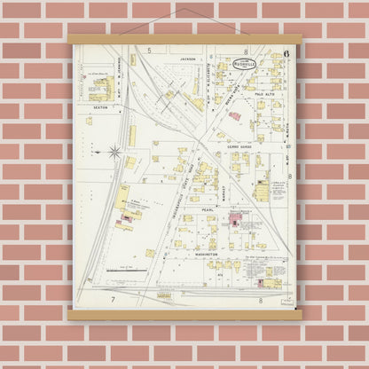 Old map wall art mockup — magnetic wood frame on brick wall — Sanborn Fire Insurance Map from Rushville, Rush County, Indiana (1896), Sheet #0006