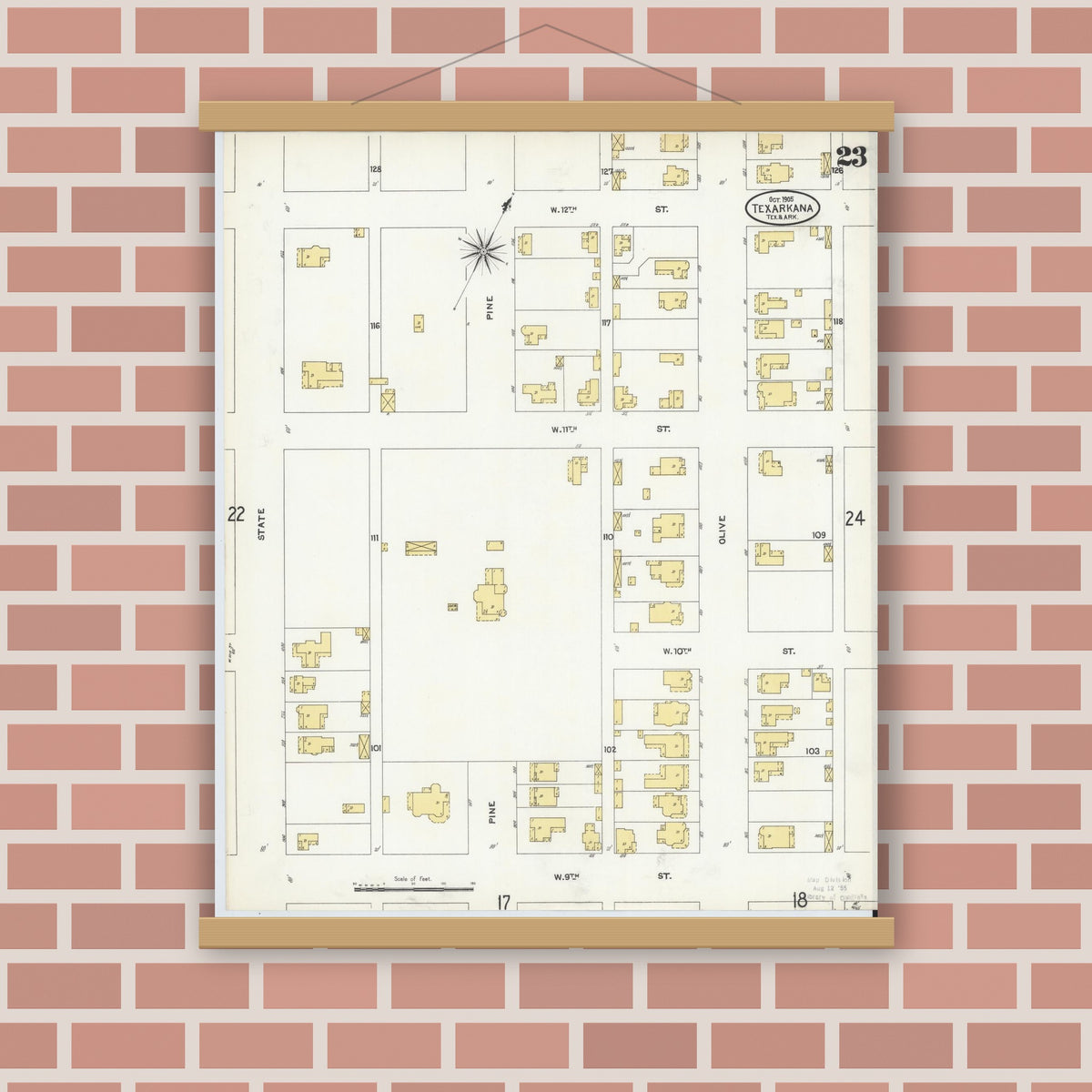Old map wall art mockup — magnetic wood frame on brick wall — Sanborn Fire Insurance Map from Texarkana, Bowie County, Texas (1905), Sheet #0023
