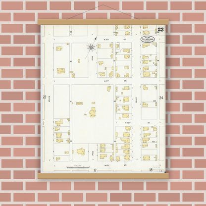 Old map wall art mockup — magnetic wood frame on brick wall — Sanborn Fire Insurance Map from Texarkana, Bowie County, Texas (1905), Sheet #0023
