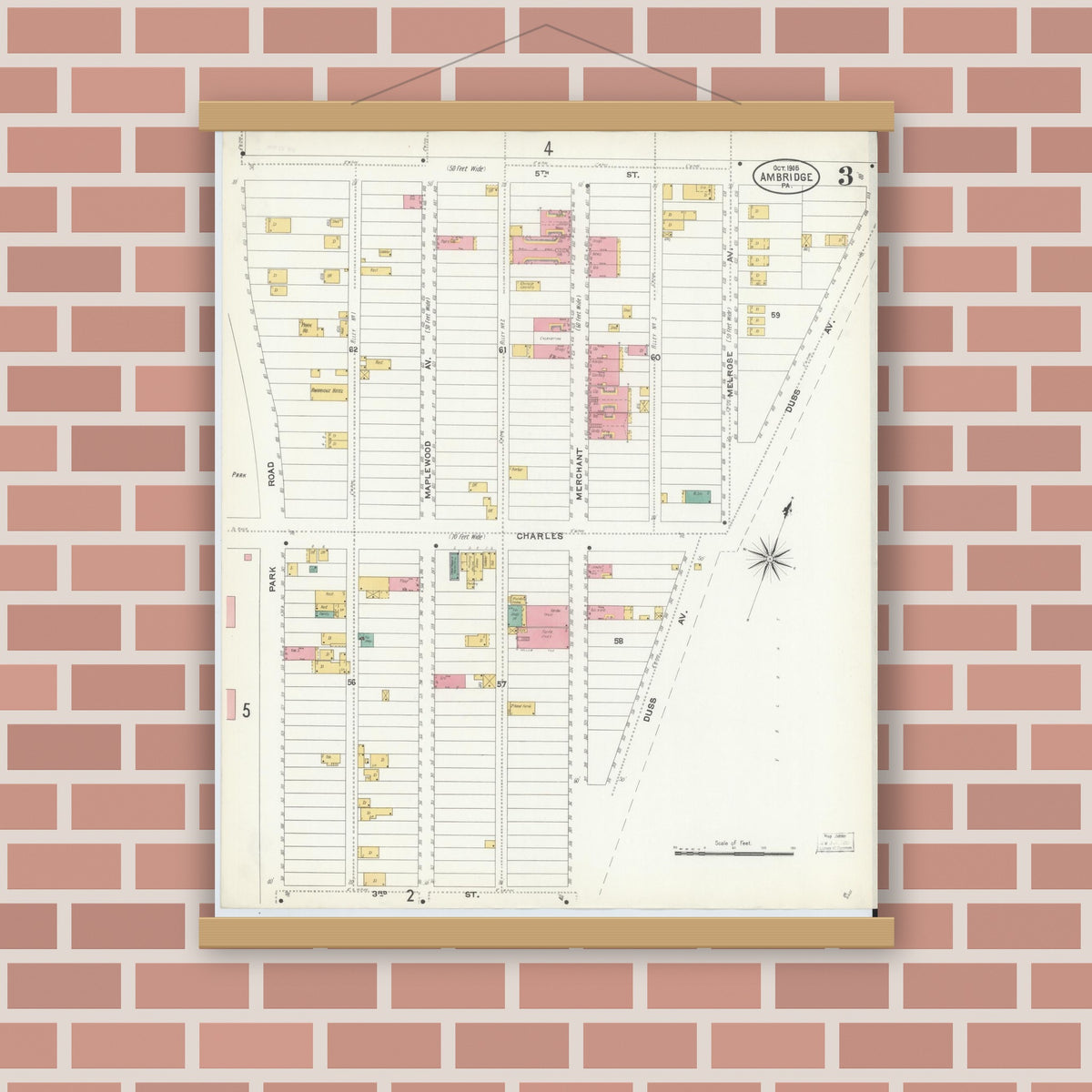 Old map wall art mockup — magnetic wood frame on brick wall — Sanborn Fire Insurance Map from Ambridge, Beaver County, Pennsylvania (1905), Sheet #0003