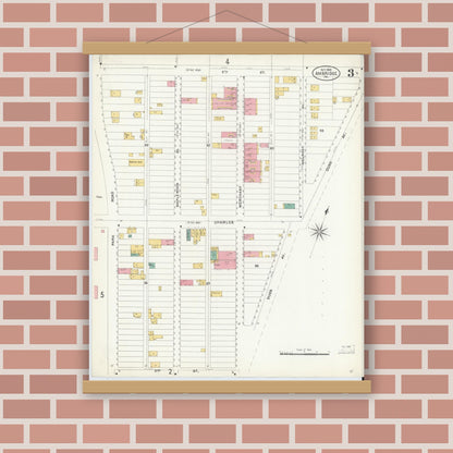 Old map wall art mockup — magnetic wood frame on brick wall — Sanborn Fire Insurance Map from Ambridge, Beaver County, Pennsylvania (1905), Sheet #0003