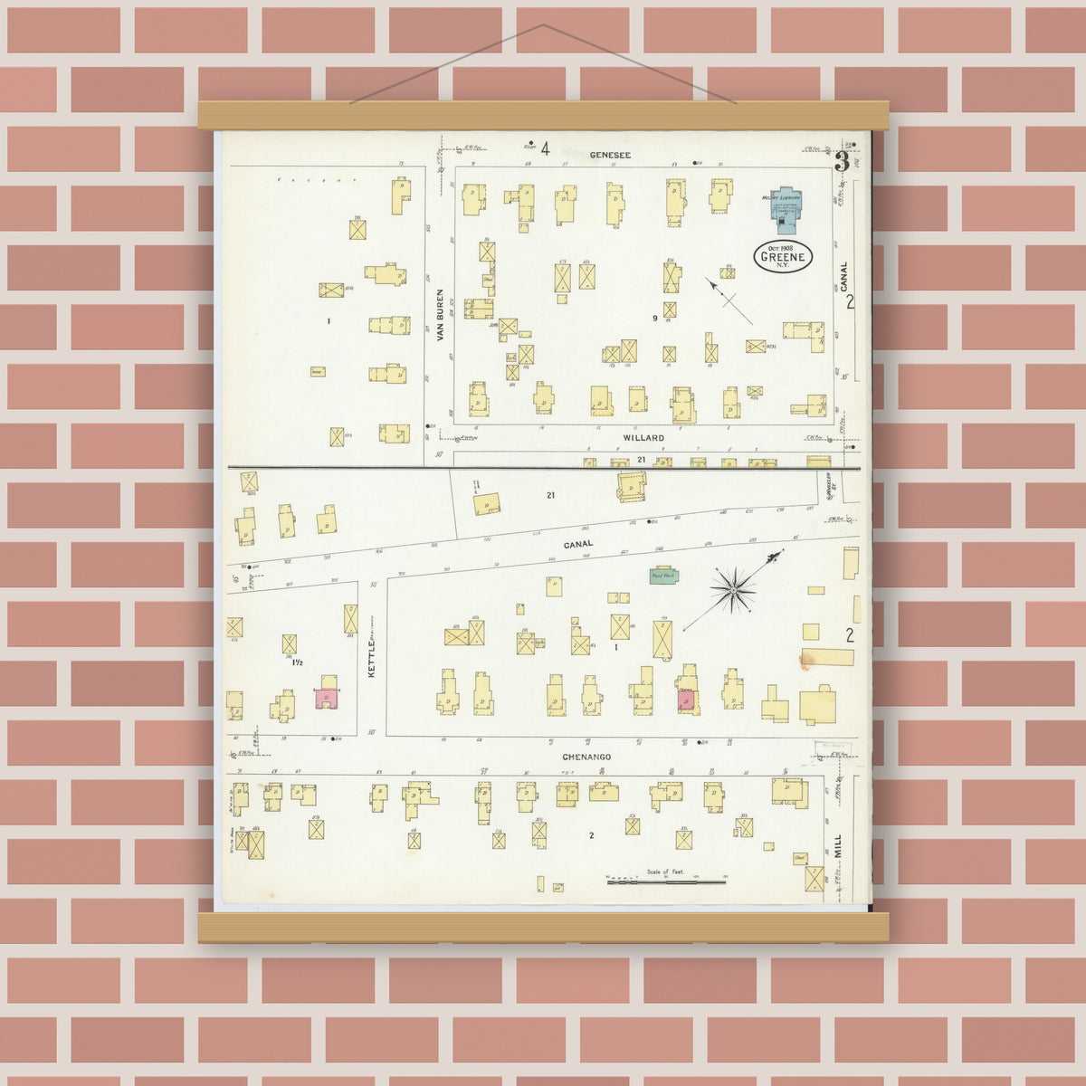 Old map wall art mockup — magnetic wood frame on brick wall — Sanborn Fire Insurance Map from Greene, Chenango County, New York (1908), Sheet #0003