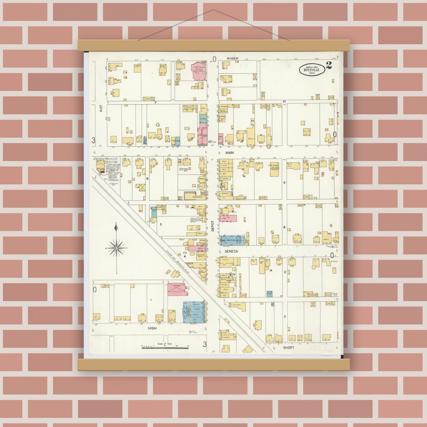 Old map wall art mockup — magnetic wood frame on brick wall — Sanborn Fire Insurance Map from Byesville, Guernsey County, Ohio (1905), Sheet #0002