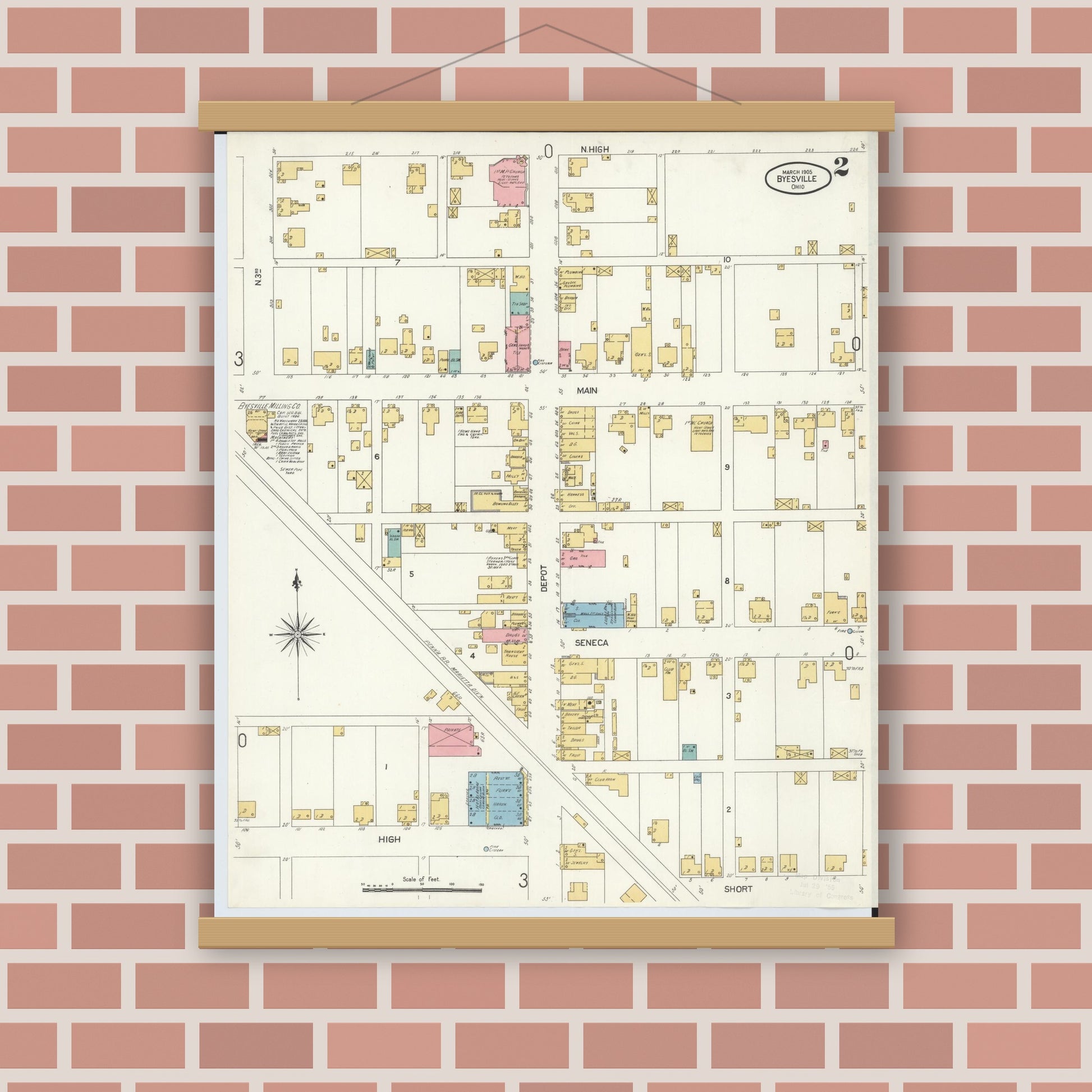 Old map wall art mockup — magnetic wood frame on brick wall — Sanborn Fire Insurance Map from Byesville, Guernsey County, Ohio (1905), Sheet #0002