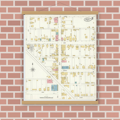 Old map wall art mockup — magnetic wood frame on brick wall — Sanborn Fire Insurance Map from Byesville, Guernsey County, Ohio (1905), Sheet #0002