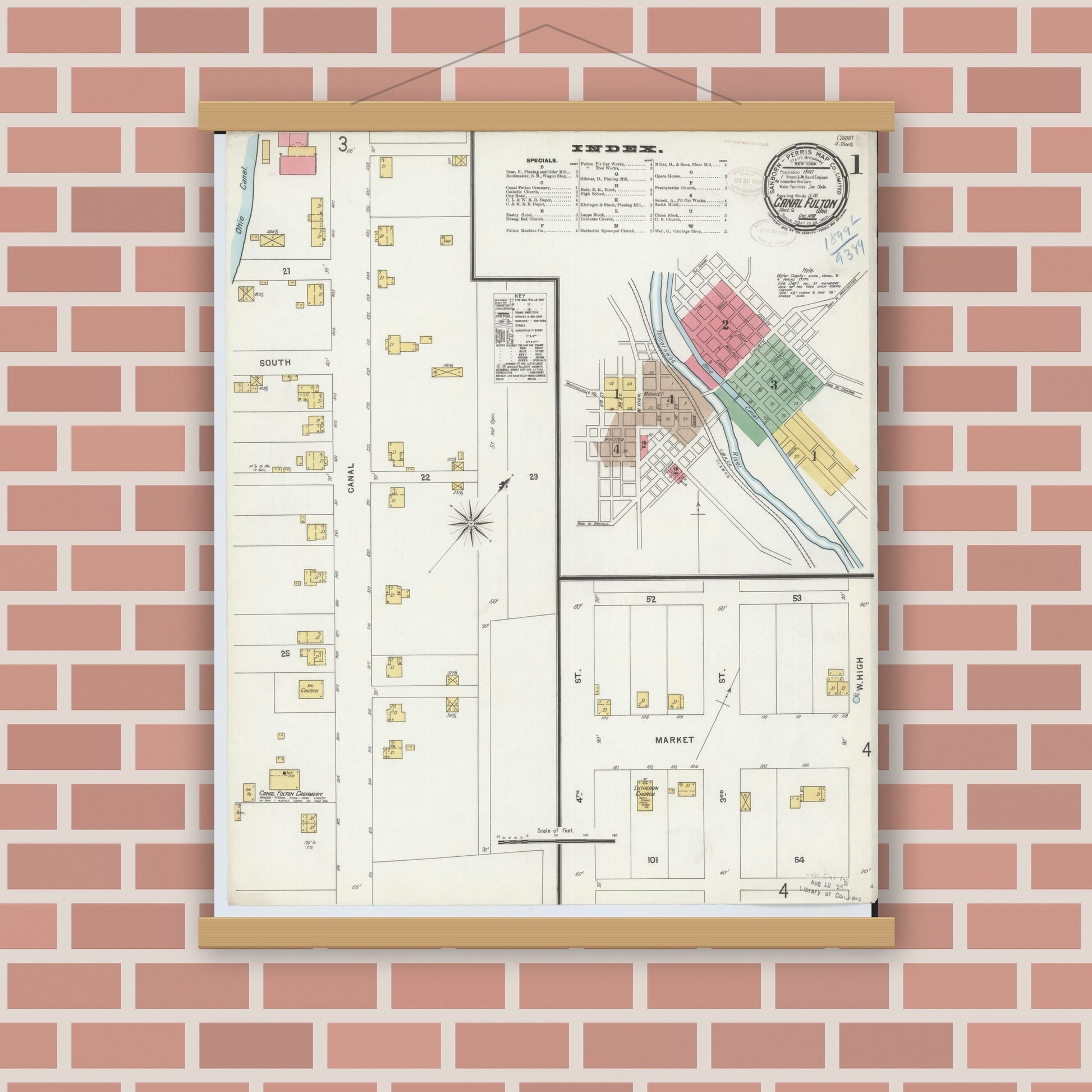 Old map wall art mockup — magnetic wood frame on brick wall — Sanborn Fire Insurance Map from Canal Fulton, Stark County, Ohio (1898), Sheet #0001