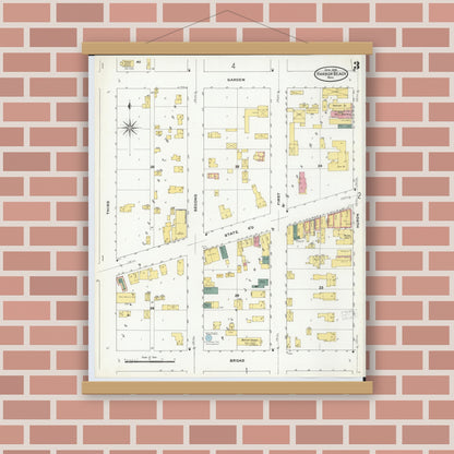 Old map wall art mockup — magnetic wood frame on brick wall — Sanborn Fire Insurance Map from Harbor Beach, Huron County, Michigan (1909), Sheet #0003