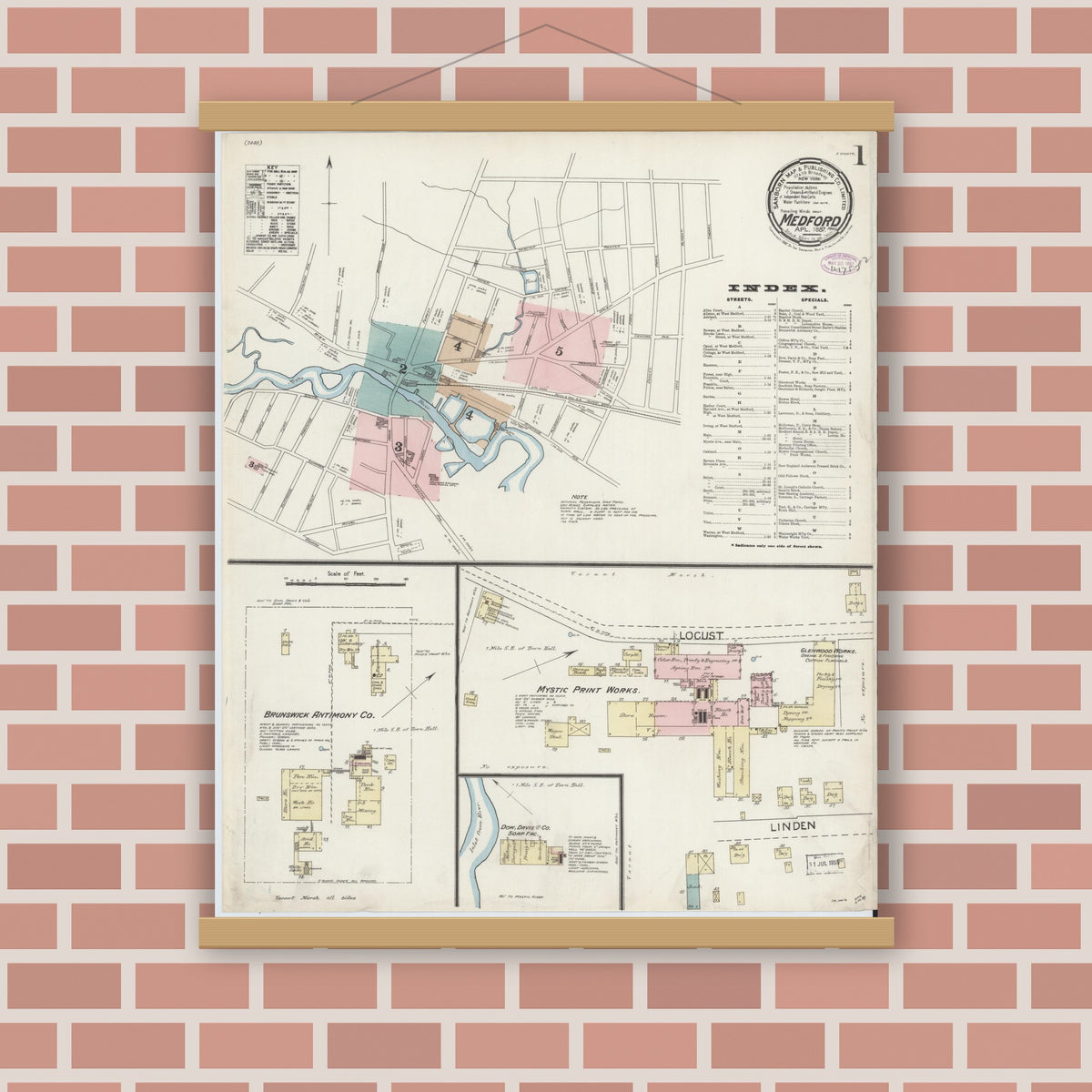Old map wall art mockup — magnetic wood frame on brick wall — Sanborn Fire Insurance Map from Medford, Middlesex County, Massachusetts (1887) - Complete Map Set
