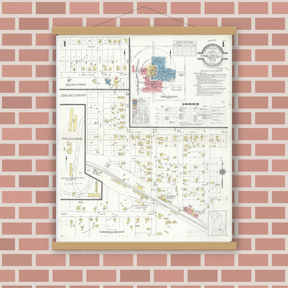 Old map wall art mockup — magnetic wood frame on brick wall — Sanborn Fire Insurance Map from Fowlerville, Livingston County, Michigan (1935), Sheet #0001