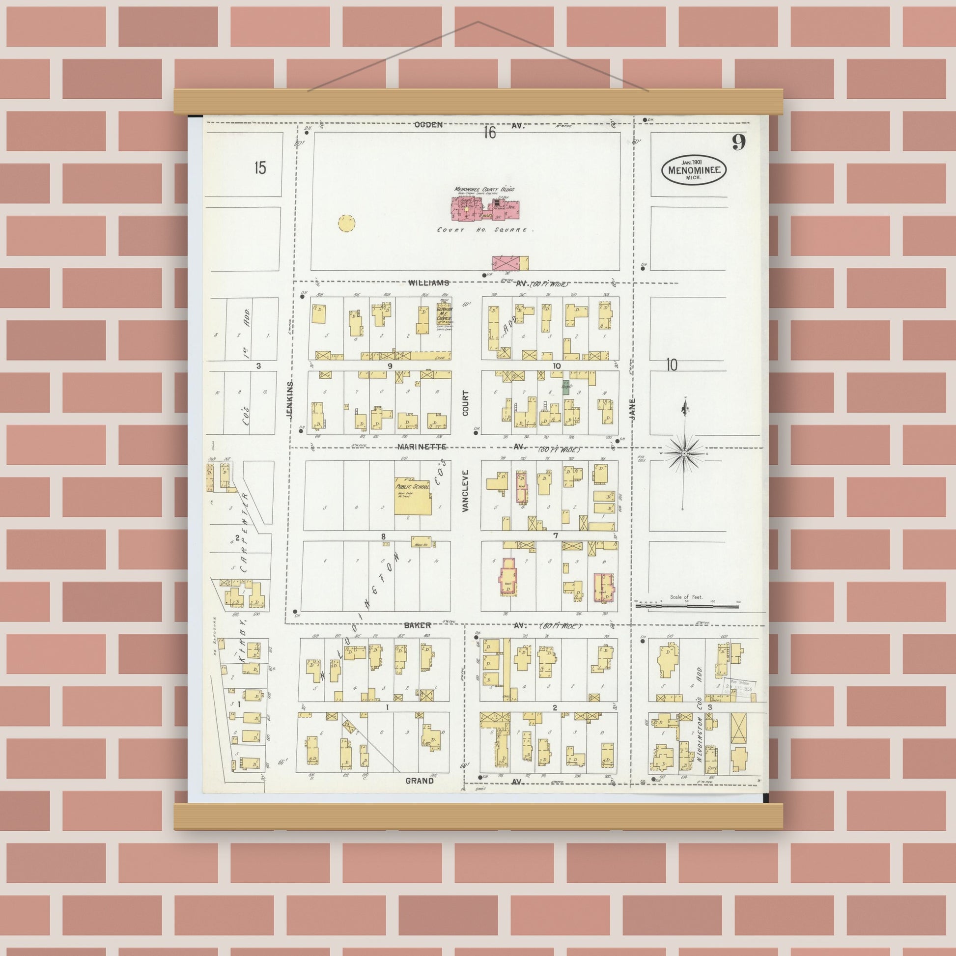 Old map wall art mockup — magnetic wood frame on brick wall — Sanborn Fire Insurance Map from Menominee, Menominee County, Michigan (1901), Sheet #0009