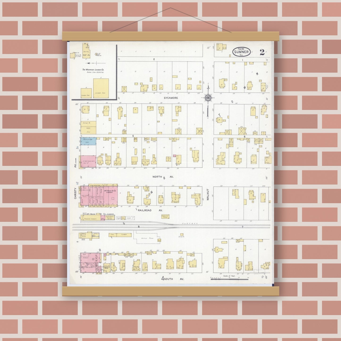 Old map wall art mockup — magnetic wood frame on brick wall — Sanborn Fire Insurance Map from Sumner, Lawrence County, Illinois (1912), Sheet #0002
