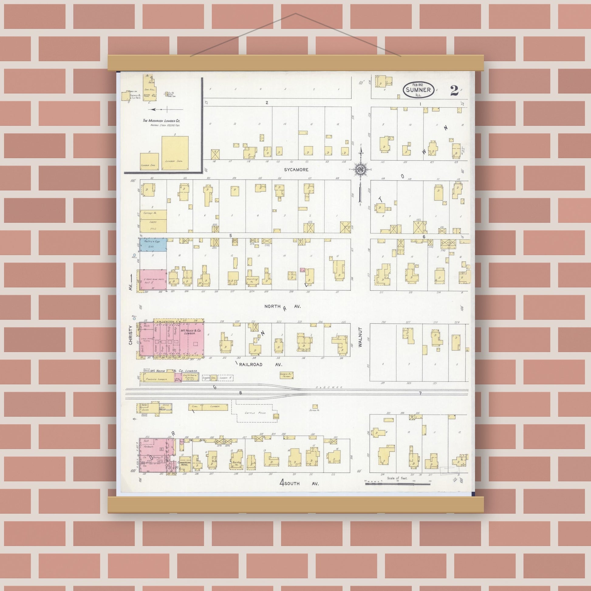 Old map wall art mockup — magnetic wood frame on brick wall — Sanborn Fire Insurance Map from Sumner, Lawrence County, Illinois (1912), Sheet #0002