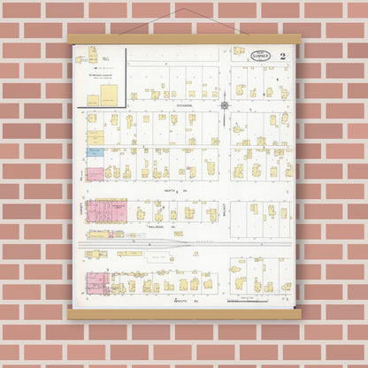 Old map wall art mockup — magnetic wood frame on brick wall — Sanborn Fire Insurance Map from Sumner, Lawrence County, Illinois (1912), Sheet #0002