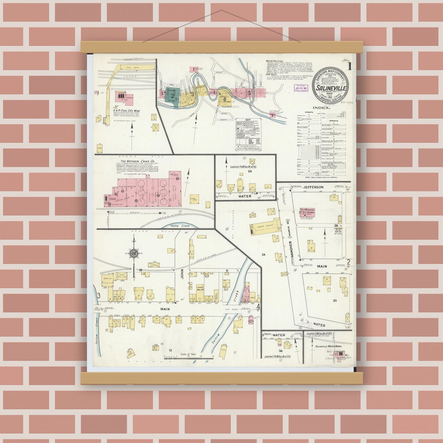 Old map wall art mockup — magnetic wood frame on brick wall — Sanborn Fire Insurance Map from Salineville, Columbiana County, Ohio (1911), Sheet #0001