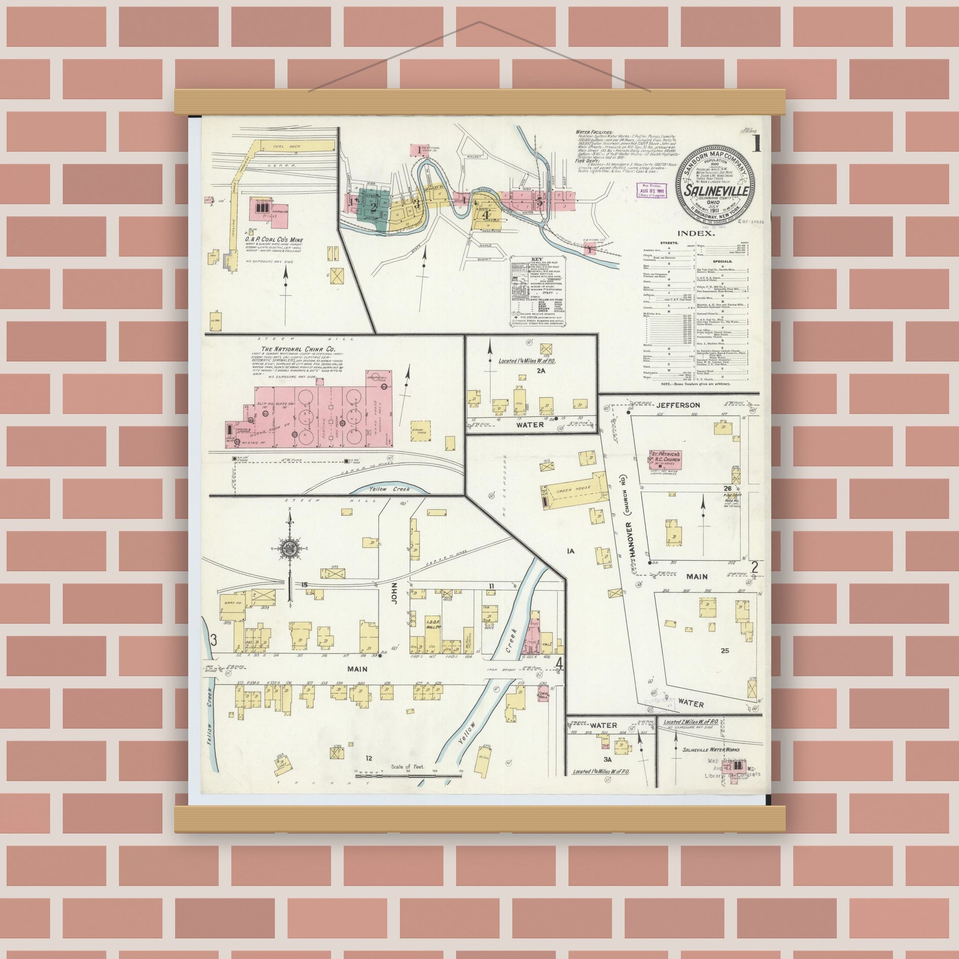 Old map wall art mockup — magnetic wood frame on brick wall — Sanborn Fire Insurance Map from Salineville, Columbiana County, Ohio (1911), Sheet #0001