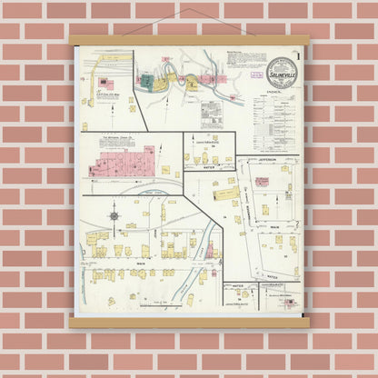 Old map wall art mockup — magnetic wood frame on brick wall — Sanborn Fire Insurance Map from Salineville, Columbiana County, Ohio (1911), Sheet #0001