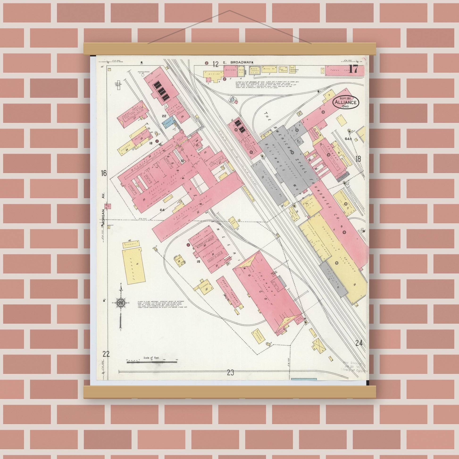 Old map wall art mockup — magnetic wood frame on brick wall — Sanborn Fire Insurance Map from Alliance, Stark County, Ohio (1911), Sheet #0017