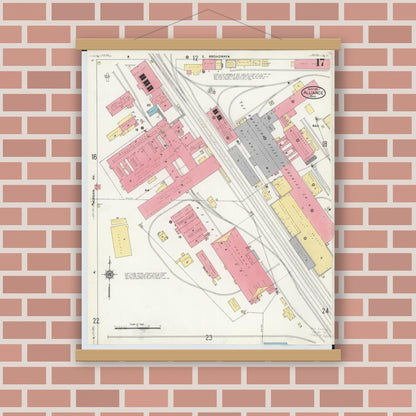 Old map wall art mockup — magnetic wood frame on brick wall — Sanborn Fire Insurance Map from Alliance, Stark County, Ohio (1911), Sheet #0017