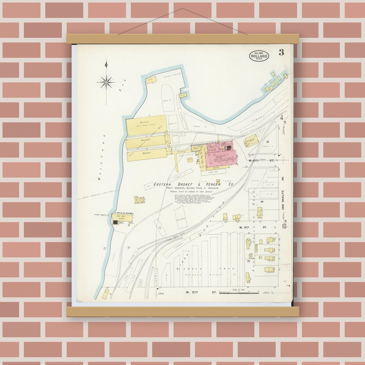 Old map wall art mockup — magnetic wood frame on brick wall — Sanborn Fire Insurance Map from Holland, Ottawa County, Michigan (1908), Sheet #0003
