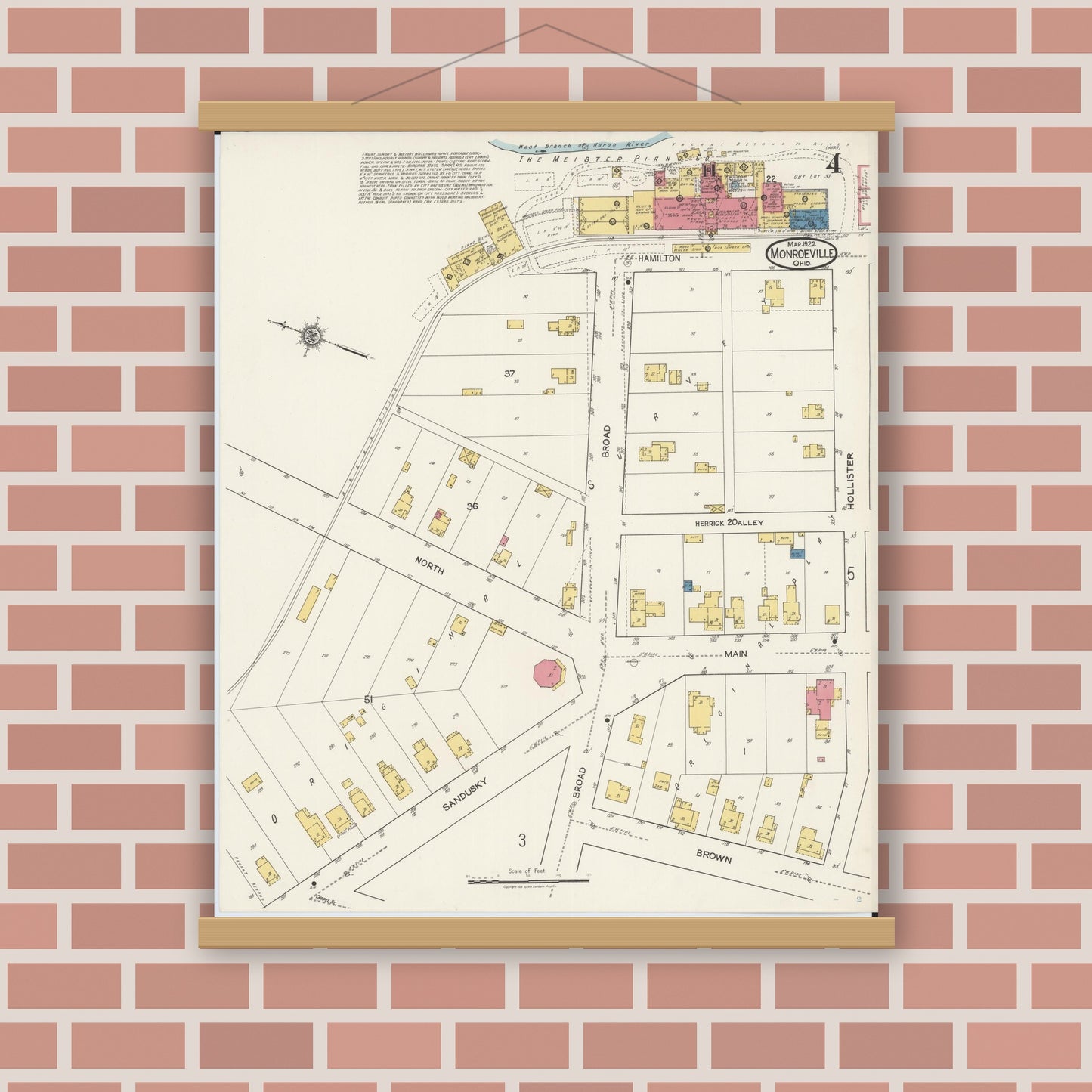 Old map wall art mockup — magnetic wood frame on brick wall — Sanborn Fire Insurance Map from Monroeville, Huron County, Ohio (1922), Sheet #0004