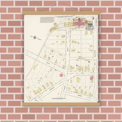 Old map wall art mockup — magnetic wood frame on brick wall — Sanborn Fire Insurance Map from Monroeville, Huron County, Ohio (1922), Sheet #0004