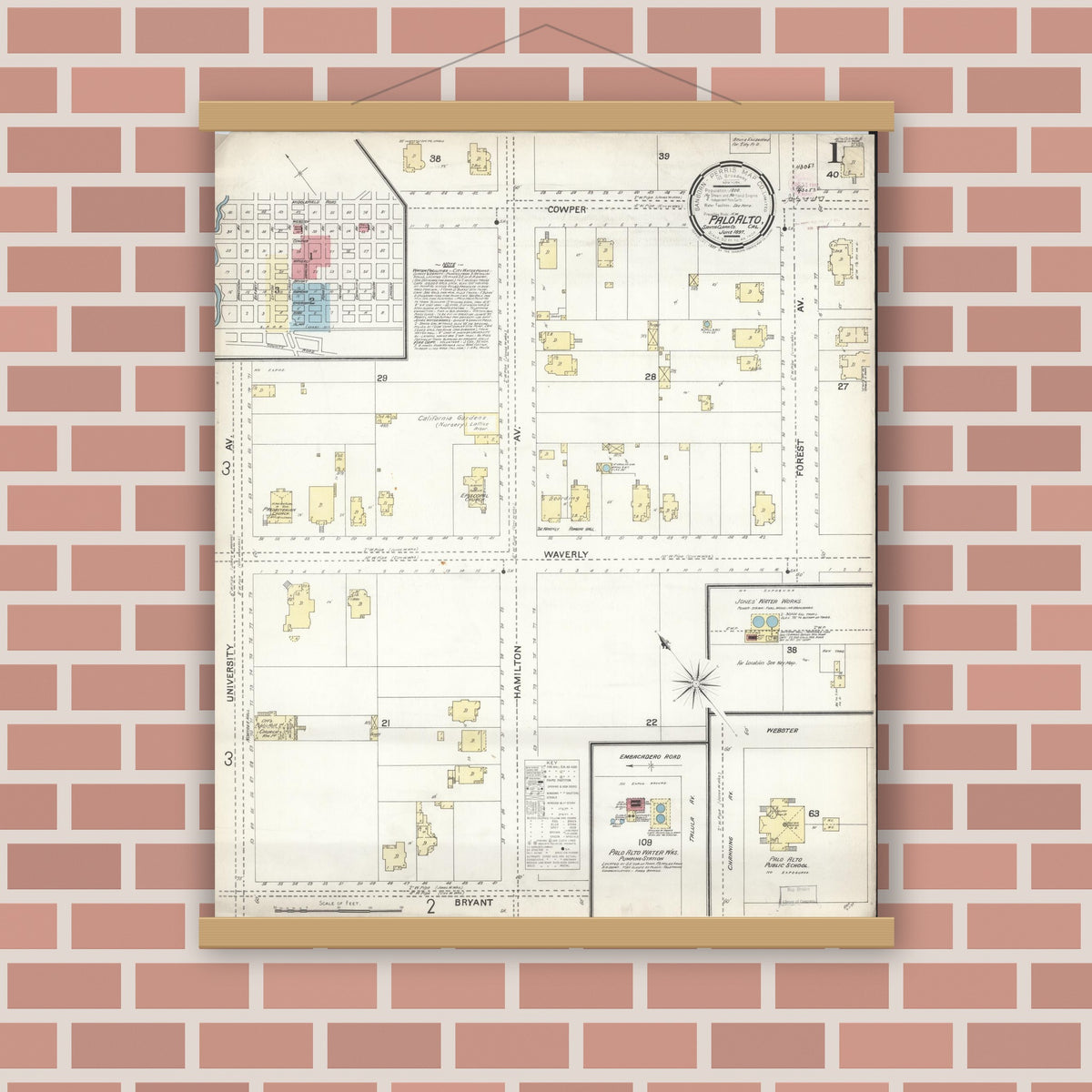 Old map wall art mockup — magnetic wood frame on brick wall — Sanborn Fire Insurance Map from Palo Alto, Santa Clara County, California (1897) - Complete Map Set