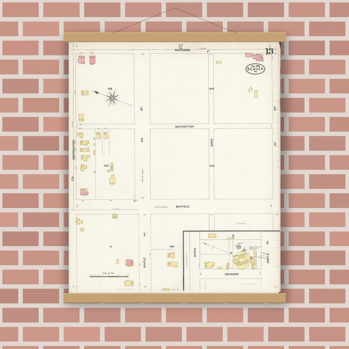 Old map wall art mockup — magnetic wood frame on brick wall — Sanborn Fire Insurance Map from Beaver, Beaver County, Pennsylvania (1906), Sheet #0013