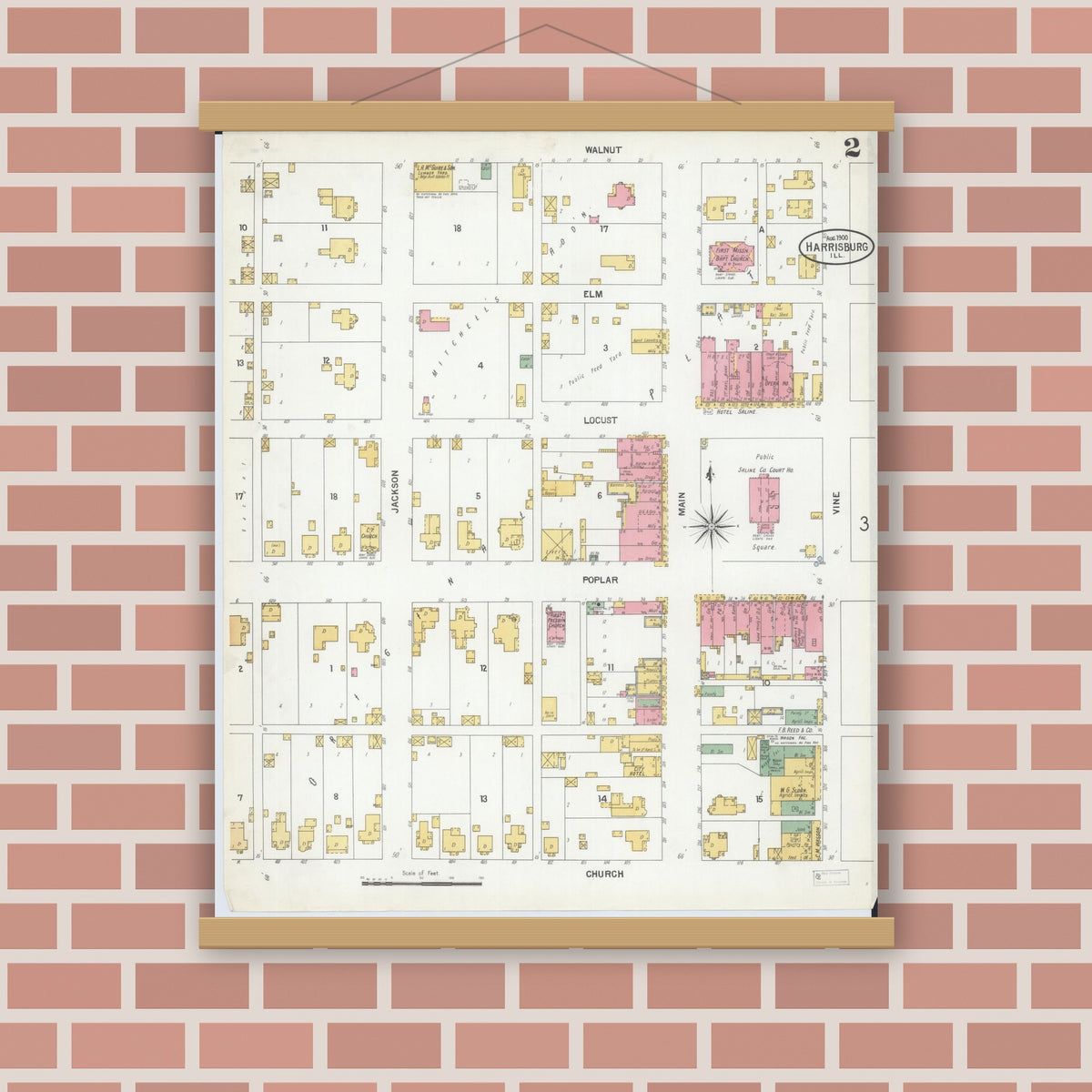 Old map wall art mockup — magnetic wood frame on brick wall — Sanborn Fire Insurance Map from Harrisburg, Saline County, Illinois (1900), Sheet #0002