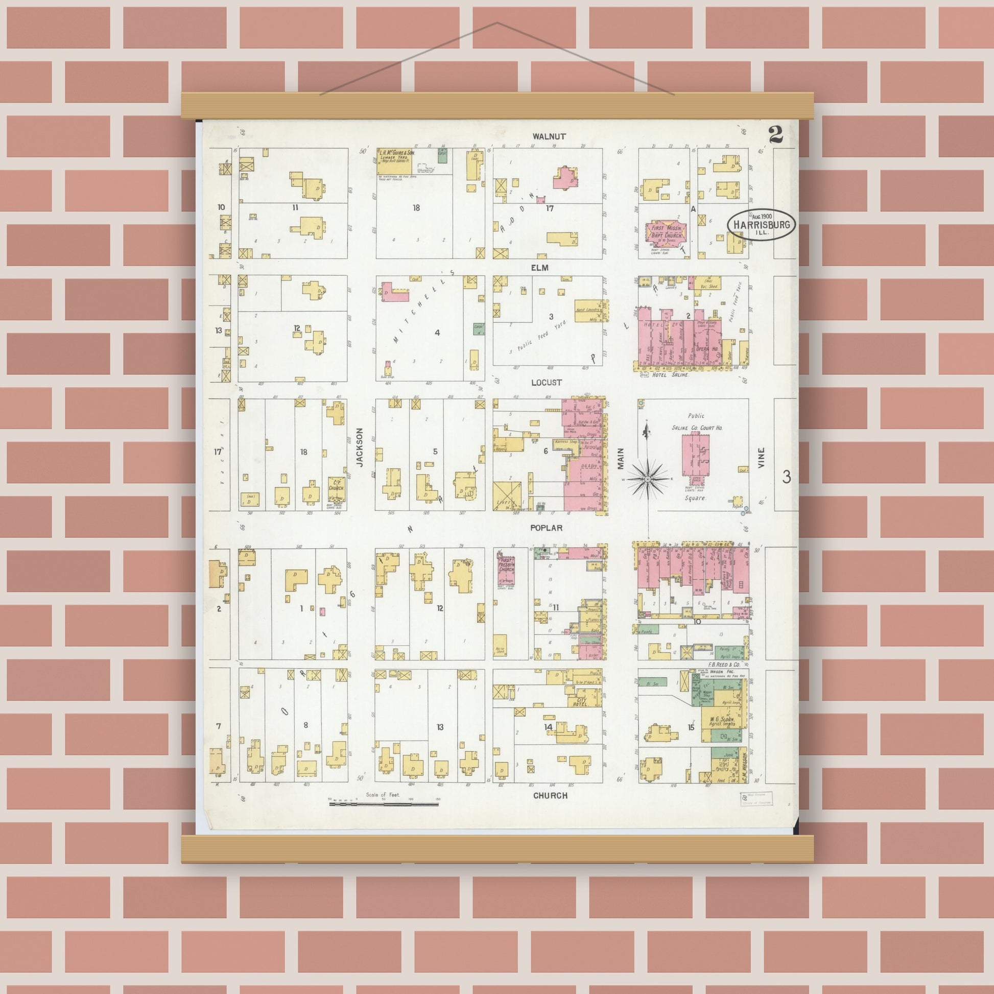 Old map wall art mockup — magnetic wood frame on brick wall — Sanborn Fire Insurance Map from Harrisburg, Saline County, Illinois (1900), Sheet #0002