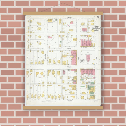 Old map wall art mockup — magnetic wood frame on brick wall — Sanborn Fire Insurance Map from Harrisburg, Saline County, Illinois (1900), Sheet #0002