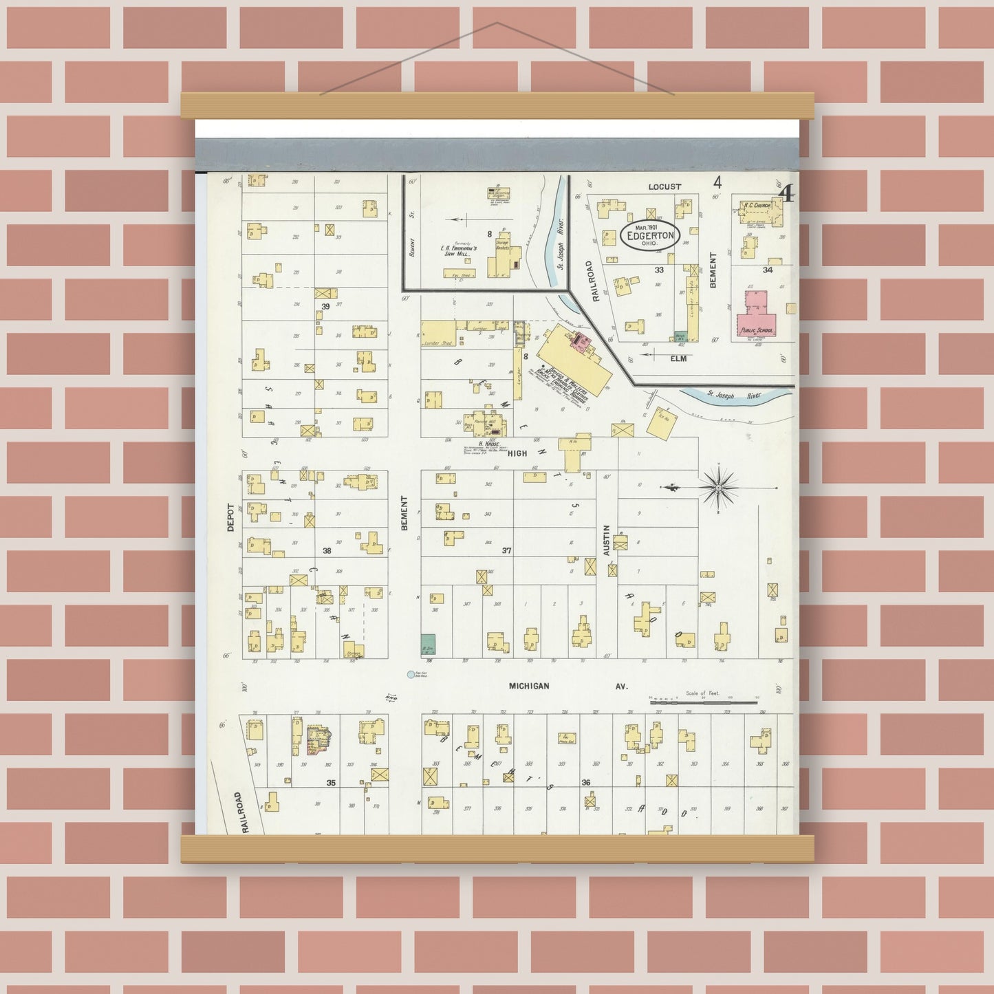 Old map wall art mockup — magnetic wood frame on brick wall — Sanborn Fire Insurance Map from Edgerton, Williams County, Ohio (1901), Sheet #0004
