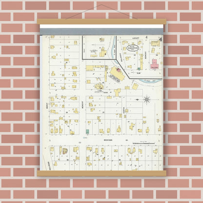Old map wall art mockup — magnetic wood frame on brick wall — Sanborn Fire Insurance Map from Edgerton, Williams County, Ohio (1901), Sheet #0004
