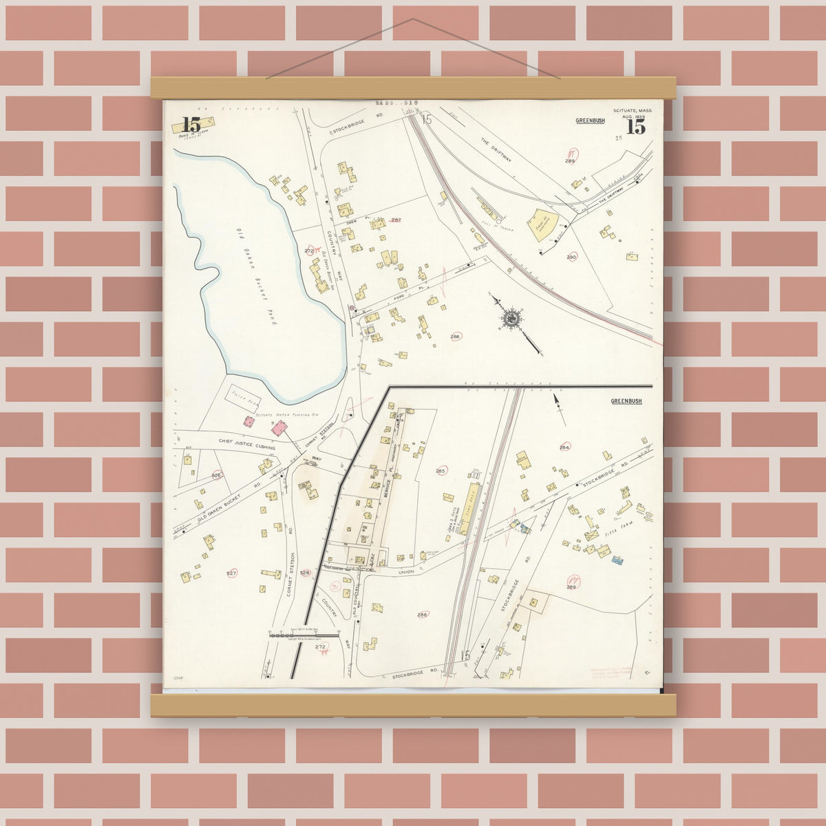 Old map wall art mockup — magnetic wood frame on brick wall — Sanborn Fire Insurance Map from Scituate, Plymouth County, Massachusetts (1944), Sheet #0015