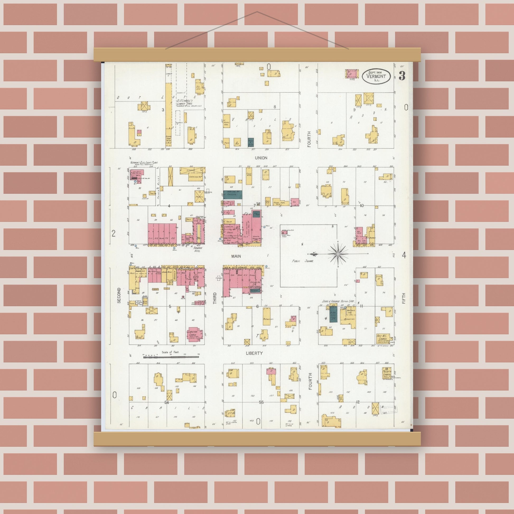 Old map wall art mockup — magnetic wood frame on brick wall — Sanborn Fire Insurance Map from Vermont, Fulton County, Illinois (1906), Sheet #0003