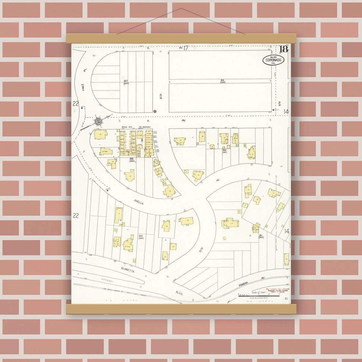 Old map wall art mockup — magnetic wood frame on brick wall — Sanborn Fire Insurance Map from Coronado, San Diego County, California (1921), Sheet #0018