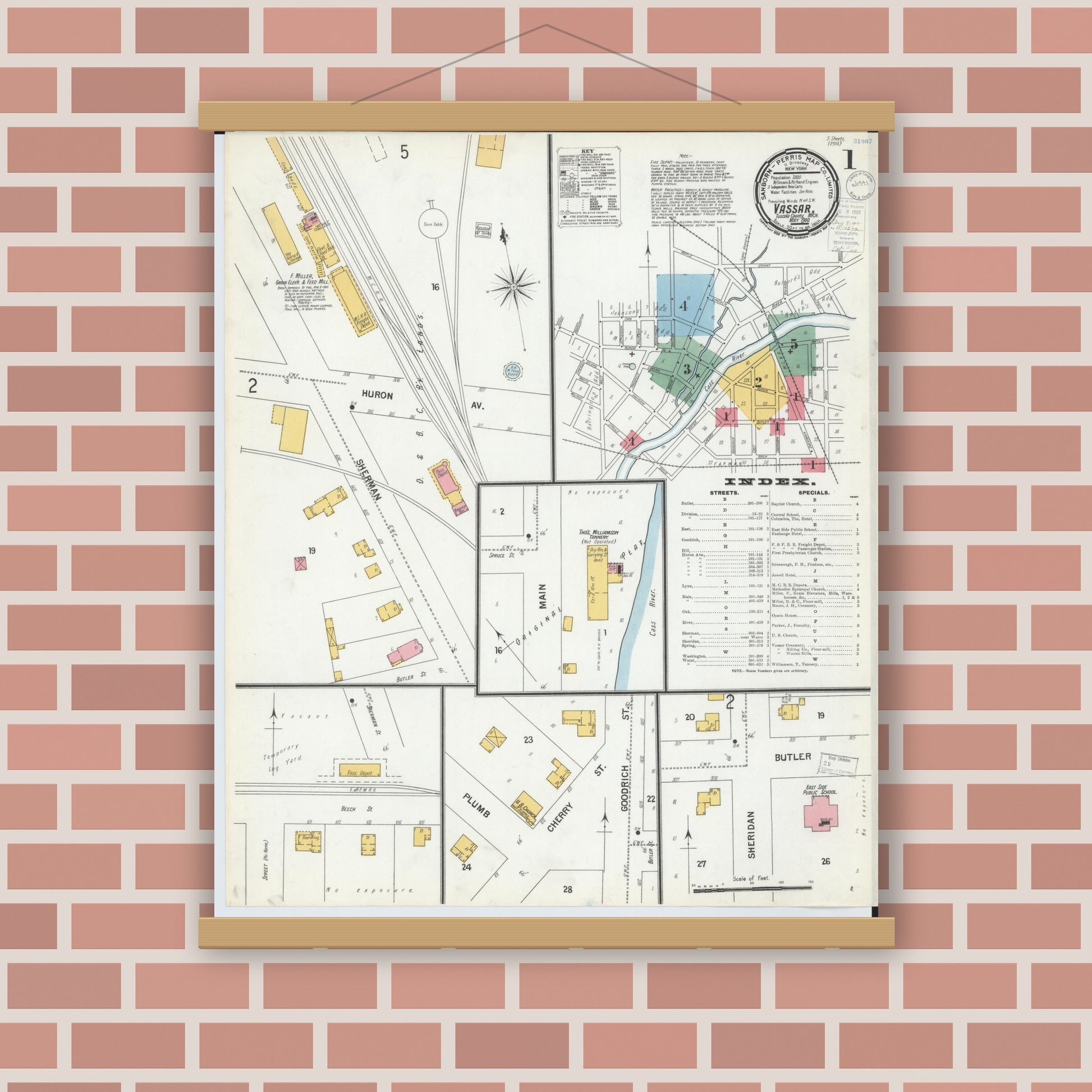 Old map wall art mockup — magnetic wood frame on brick wall — Sanborn Fire Insurance Map from Vassar, Tuscola County, Michigan (1900) - Complete Map Set